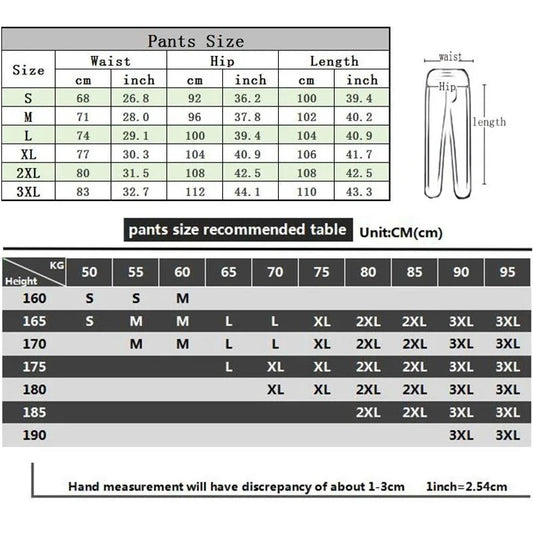 Size chart for streetwear tracksuits mens showing waist hip length in cm and inches