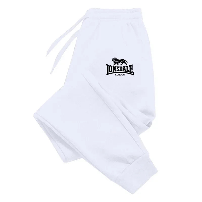 White Lonsdale London streetwear tracksuits mens with drawstring waist and cuffed ankles