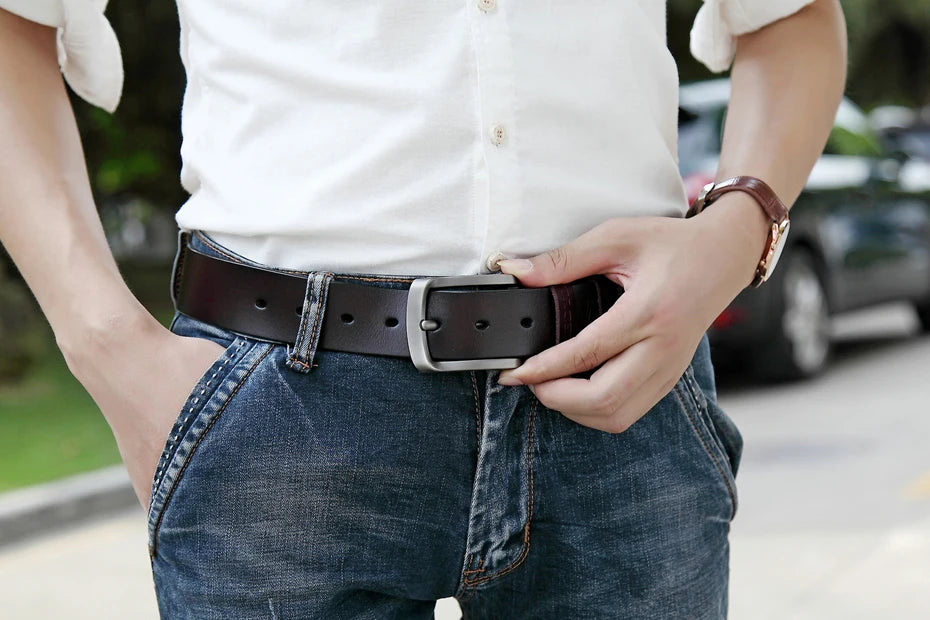 MEDYLA Leather Strap For Men dark brown mens belt with silver buckle worn with white shirt and jeans