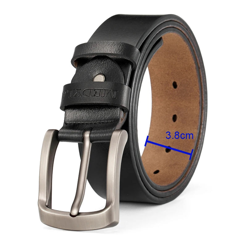 MEDYLA Leather Strap For Men black full grain belt with metal buckle 38 mm width rolled display