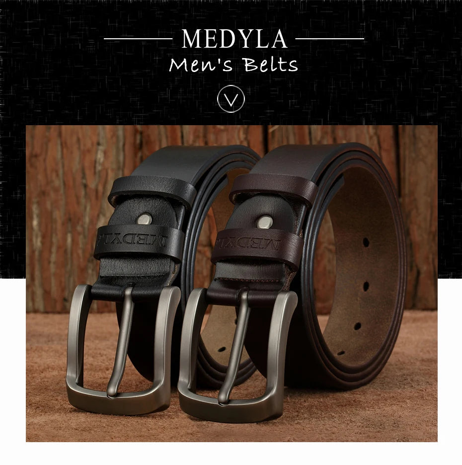 MEDYLA Leather Strap For Men black and brown leather mens belts with brushed metal buckle for smart casual wear