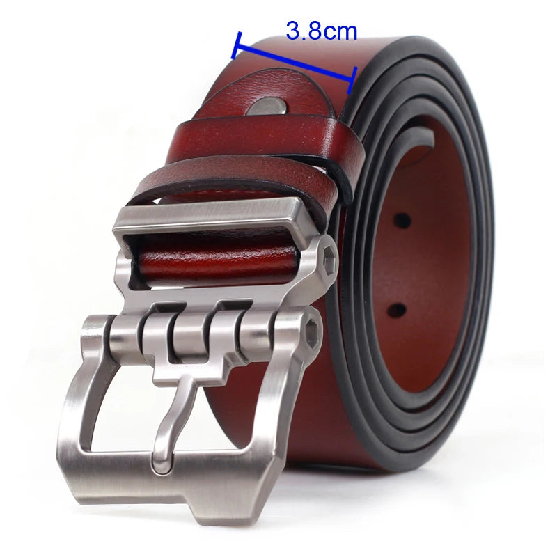 MEDYLA Leather Strap For Men burgundy leather belt with brushed steel buckle 3.8 cm width