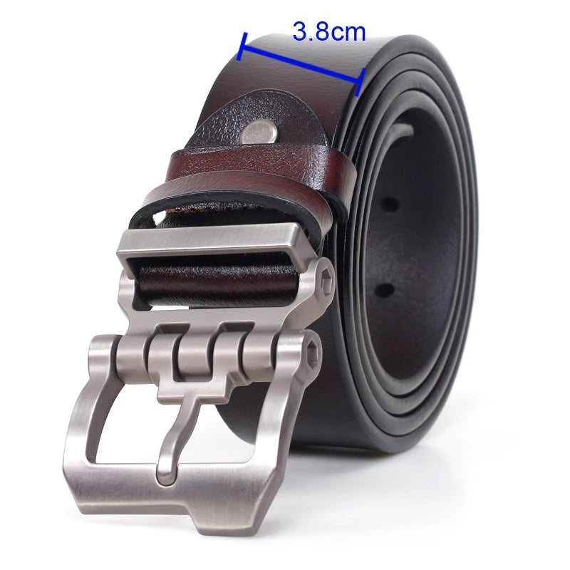 MEDYLA Leather Strap For Men brown leather mens belt with brushed metal buckle 3.8cm width rolled design