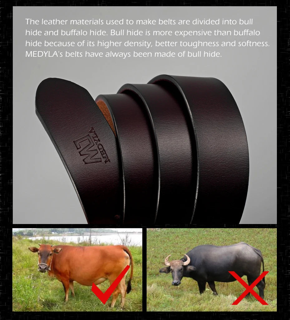 MEDYLA Leather Strap For Men dark brown bull hide mens belt rolled embossed logo with cow check and buffalo cross