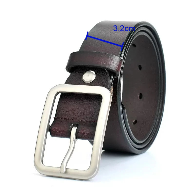 MEDYLA Leather Strap For Men brown full grain leather belt with silver rectangular buckle 32 mm width