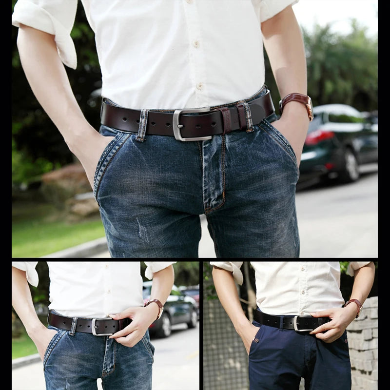 Luxurymania24 brown leather belt with silver buckle worn with jeans and chinos MEDYLA Leather Strap For Men
