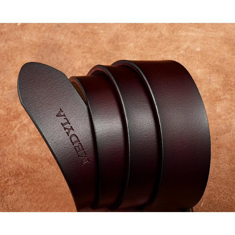 MEDYLA Leather Strap For Men deep brown full grain mens belt strap embossed brand name rolled display