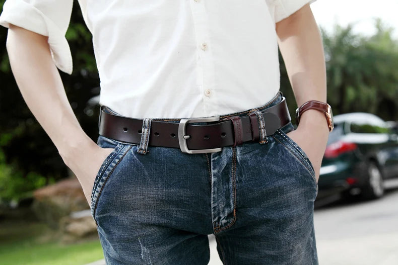 MEDYLA Leather Strap For Men dark brown belt with silver buckle worn with white shirt and jeans