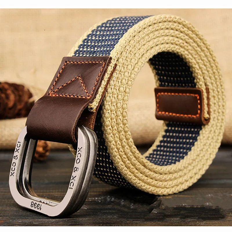 Beige and navy striped knitted belt for men with brown leather buckle and metal D ring for casual trousers