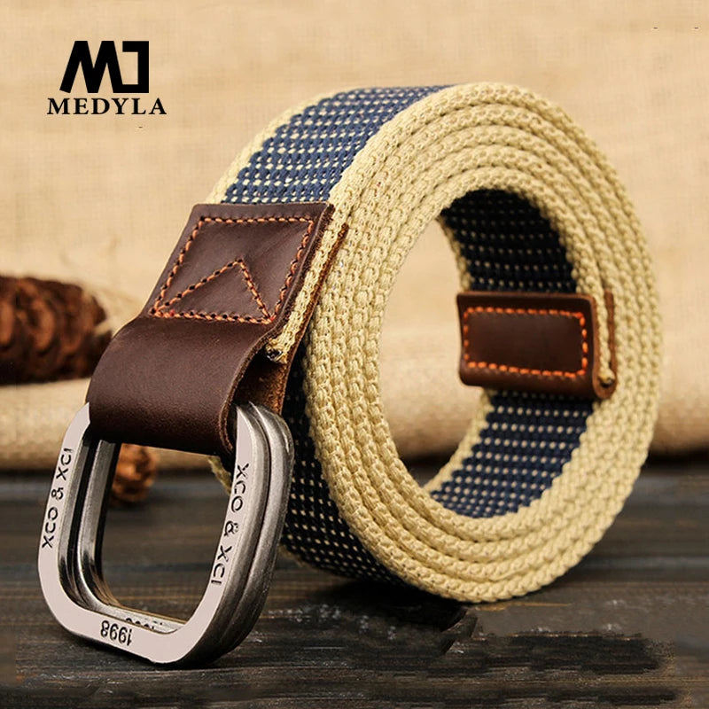 striped knitted belt for men with beige and navy woven strap brown leather trim and silver D ring buckle