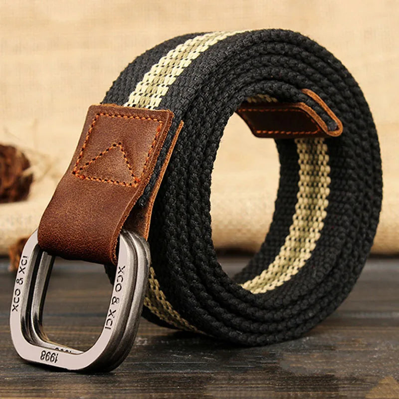 striped knitted belt for men Luxurymania24 black with cream stripe brown leather trim and metal D ring buckle