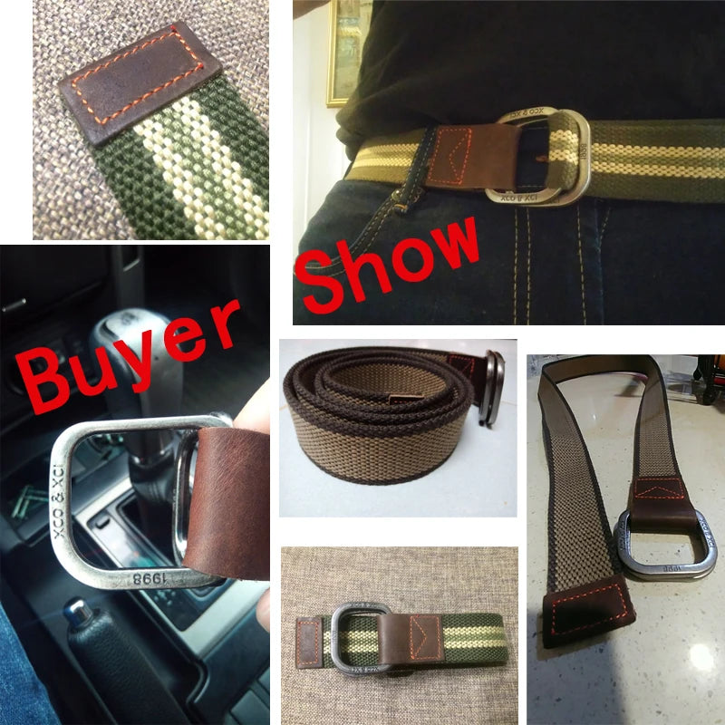 striped knitted belt for men in green and beige with leather trim and metal D ring buckle shown worn and rolled