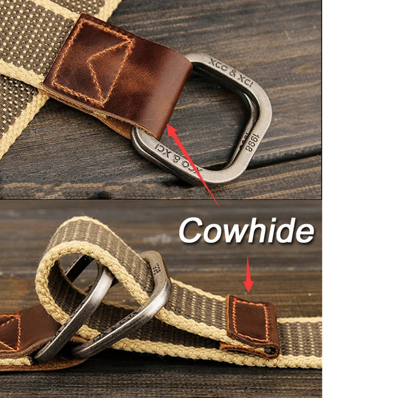 striped knitted belt for men with metal D ring buckle cowhide leather trim brown and beige stripes