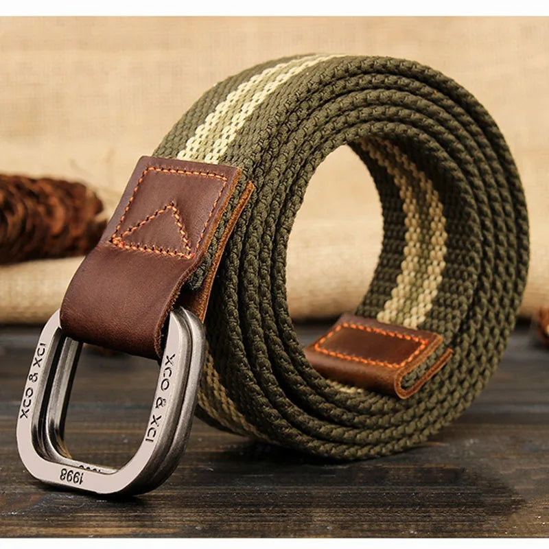Olive and cream striped knitted belt for men with leather trim and metal double D ring buckle