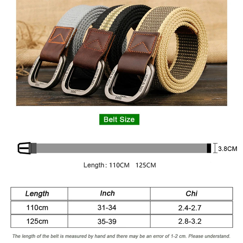 striped knitted belt for men displayed as four woven belts with leather trim metal D ring buckles and size chart