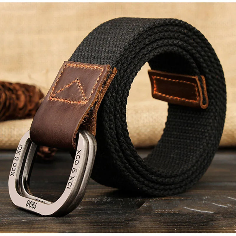 striped knitted belt for men black woven belt with brown leather trim and metal D ring buckle Luxurymania24