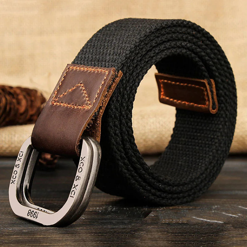 Black knitted belt with leather trim and metal rectangular buckle striped knitted belt for men by Luxurymania24