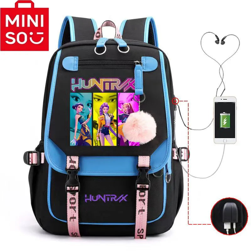 2025 Demon Hunters Student Laptop Bag black and blue with character print USB charging port pink pompom adjustable straps