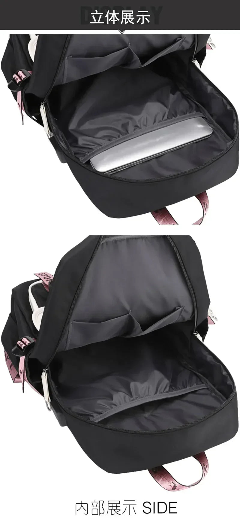 2025 Demon Hunters Student Laptop Bag open to show black interior laptop sleeve and organiser pockets