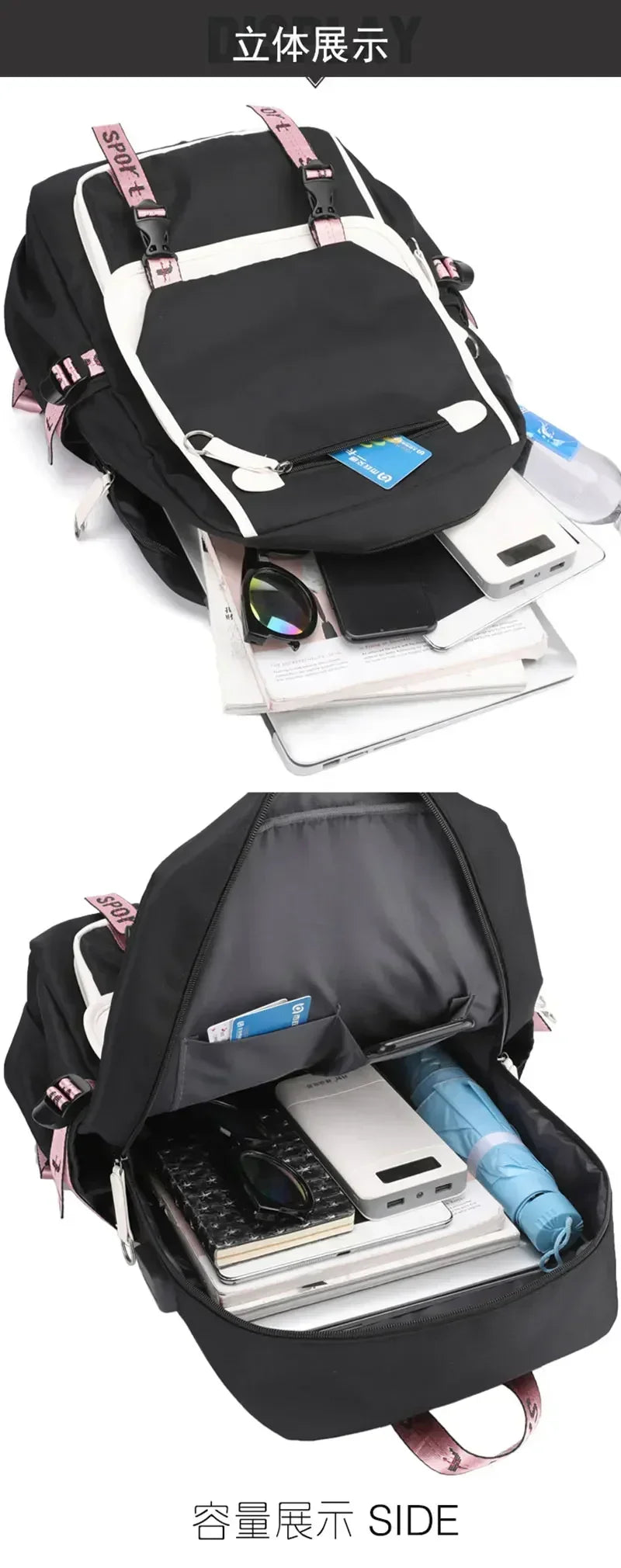 2025 Demon Hunters Student Laptop Bag black backpack with pink straps organised compartments for laptop phone umbrella