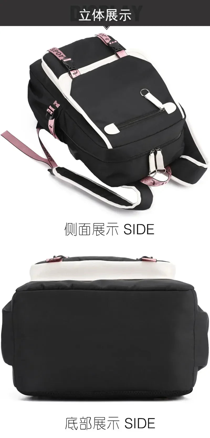 Luxurymania24 black backpack with white trim and pink accents 2025 Demon Hunters Student Laptop Bag with padded straps