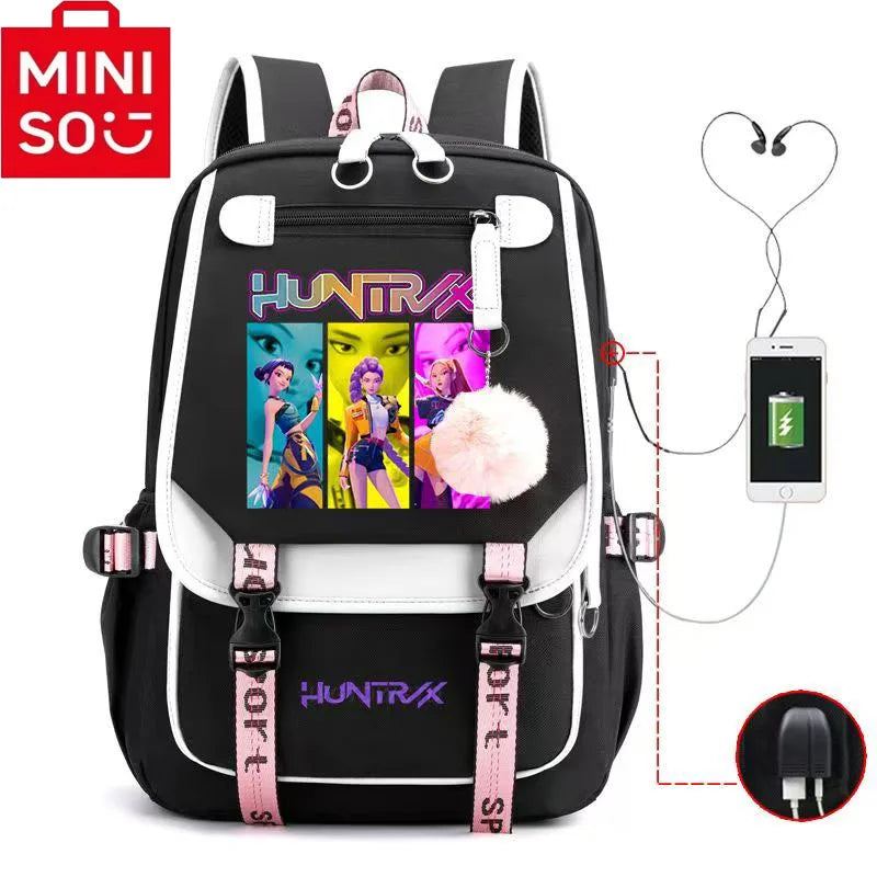 2025 Demon Hunters Student Laptop Bag black and white backpack with colourful anime panel pink straps pompom and USB port