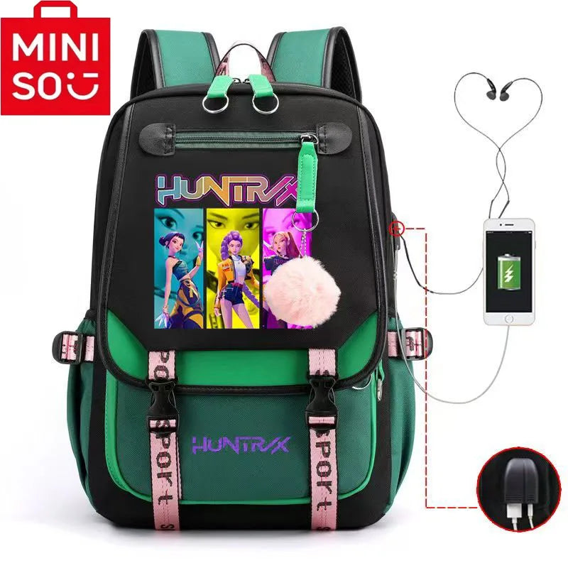 2025 Demon Hunters Student Laptop Bag green black backpack with colourful character panel pompom and USB charging port