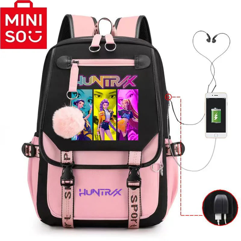 2025 Demon Hunters Student Laptop Bag pink and black anime print backpack with USB charging port and pompom