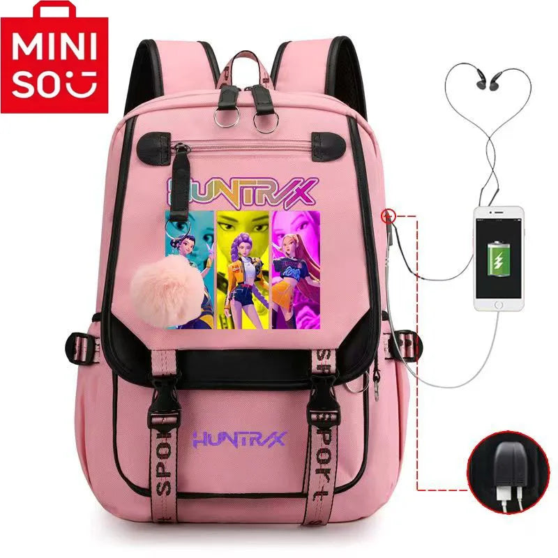 2025 Demon Hunters Student Laptop Bag pink backpack with anime character print USB port earphone hole and pompom