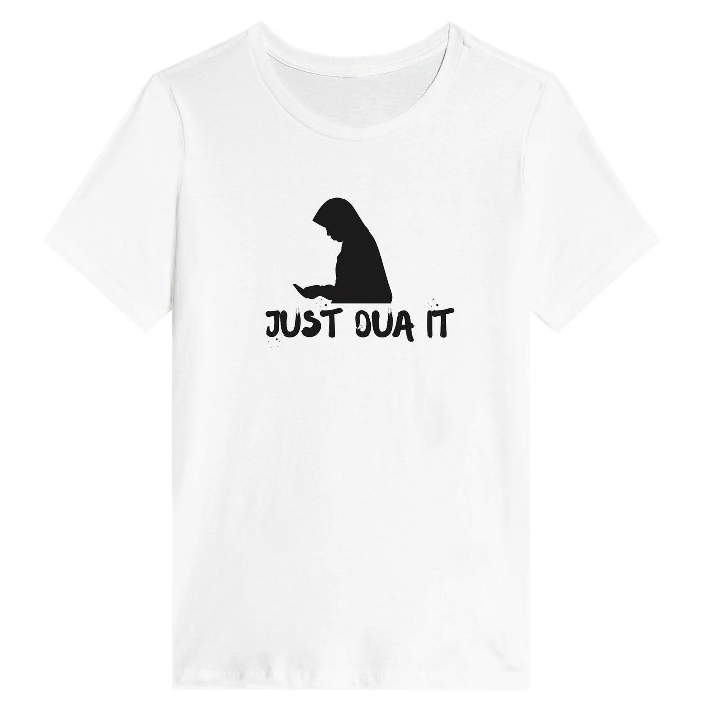White modest graphic t-shirt for women with a silhouette design and 'Just Dua It' text