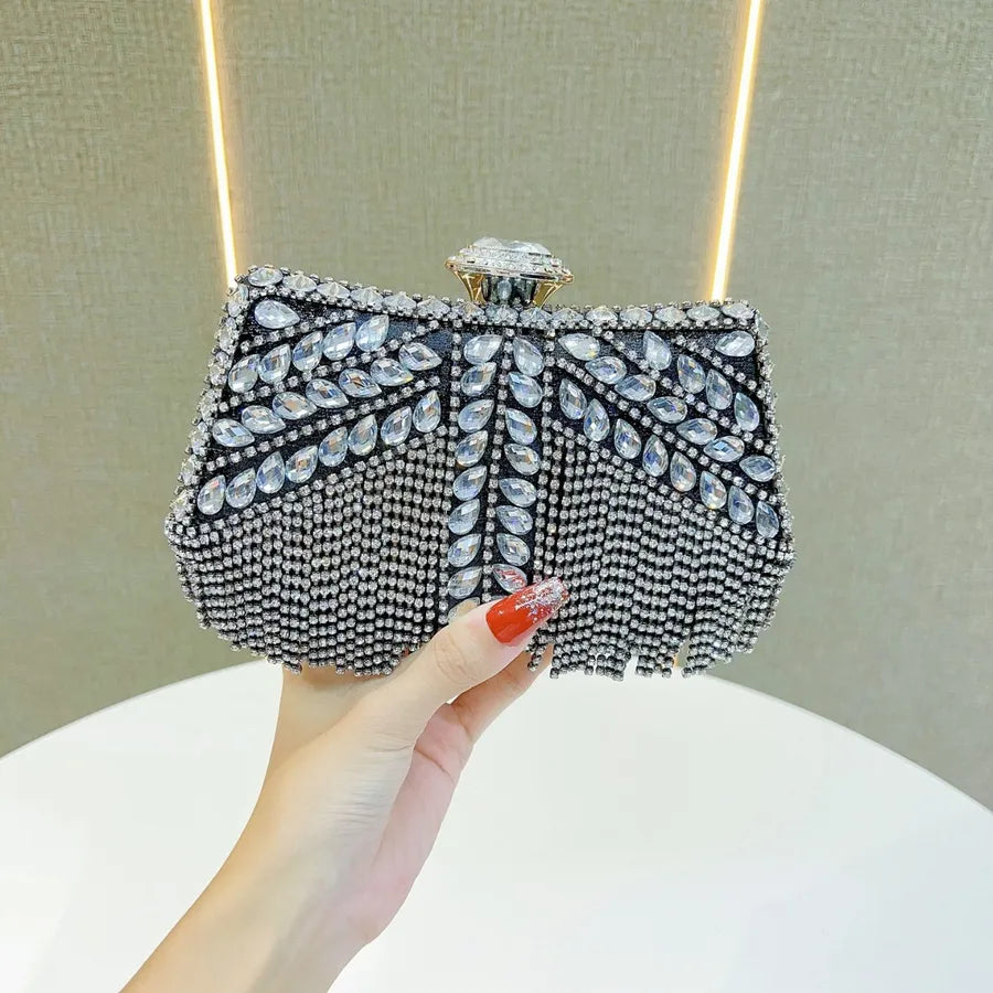 New Diamond Embedded Tassel Evening Bag Birthday Wedding Banquet Single Shoulder Slant Cross Dinner Bag Women's Clutch Bag