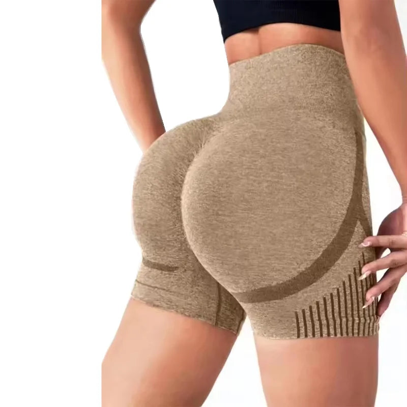 Beige Butt Lift Fitness Shorts designed to enhance curves with seamless high waist and stretchy fabric