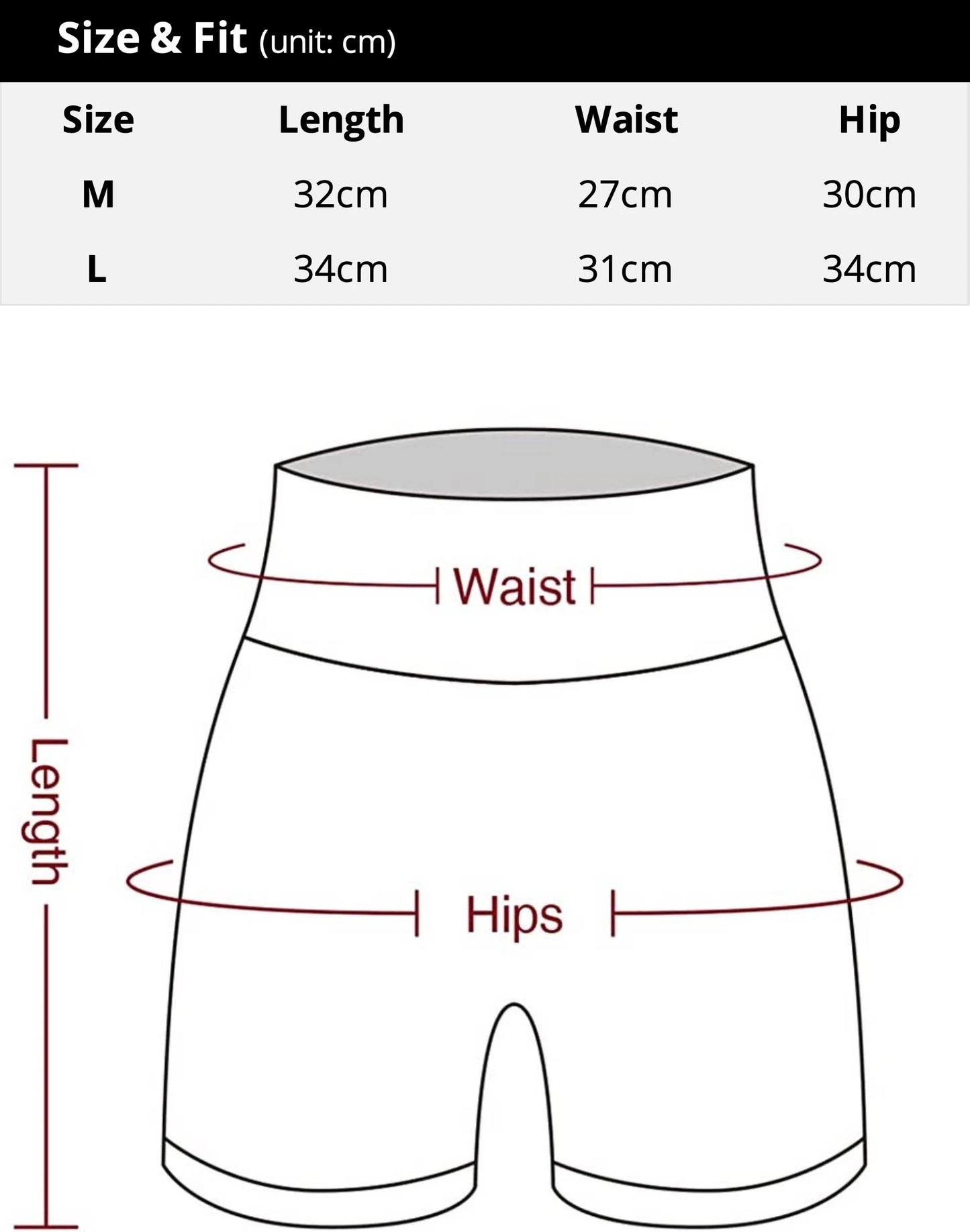 Size chart showing waist, hip, and length measurements for Butt Lift Fitness Shorts in medium and large
