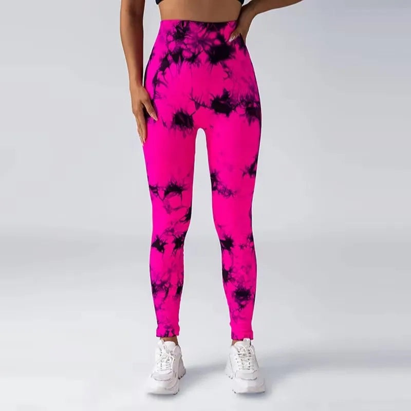 Luxurymania24 seamless high waist gym leggings in vibrant pink and black tie-dye pattern
