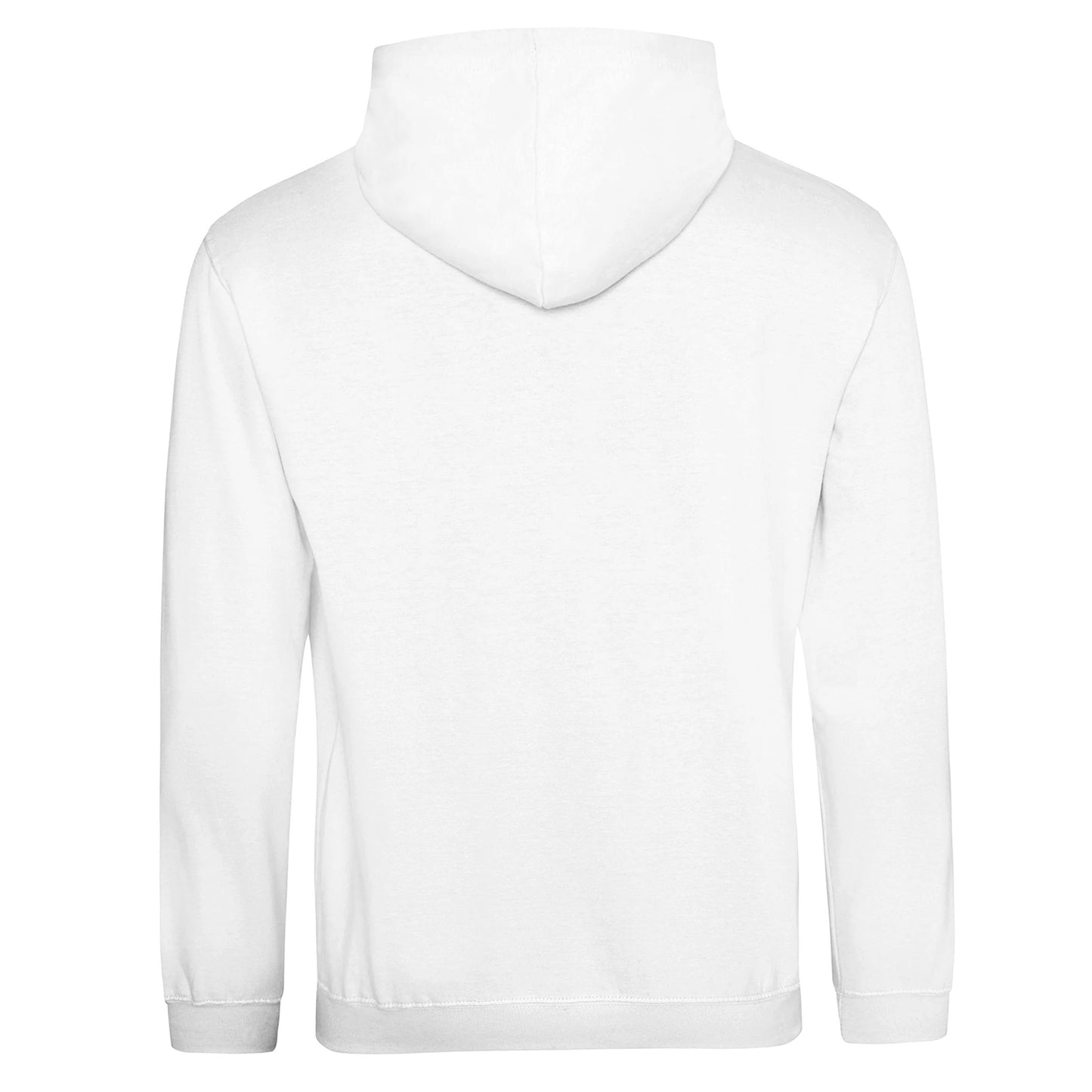 Back view of premium unisex white hoodie by Luxurymania with hood and long sleeves