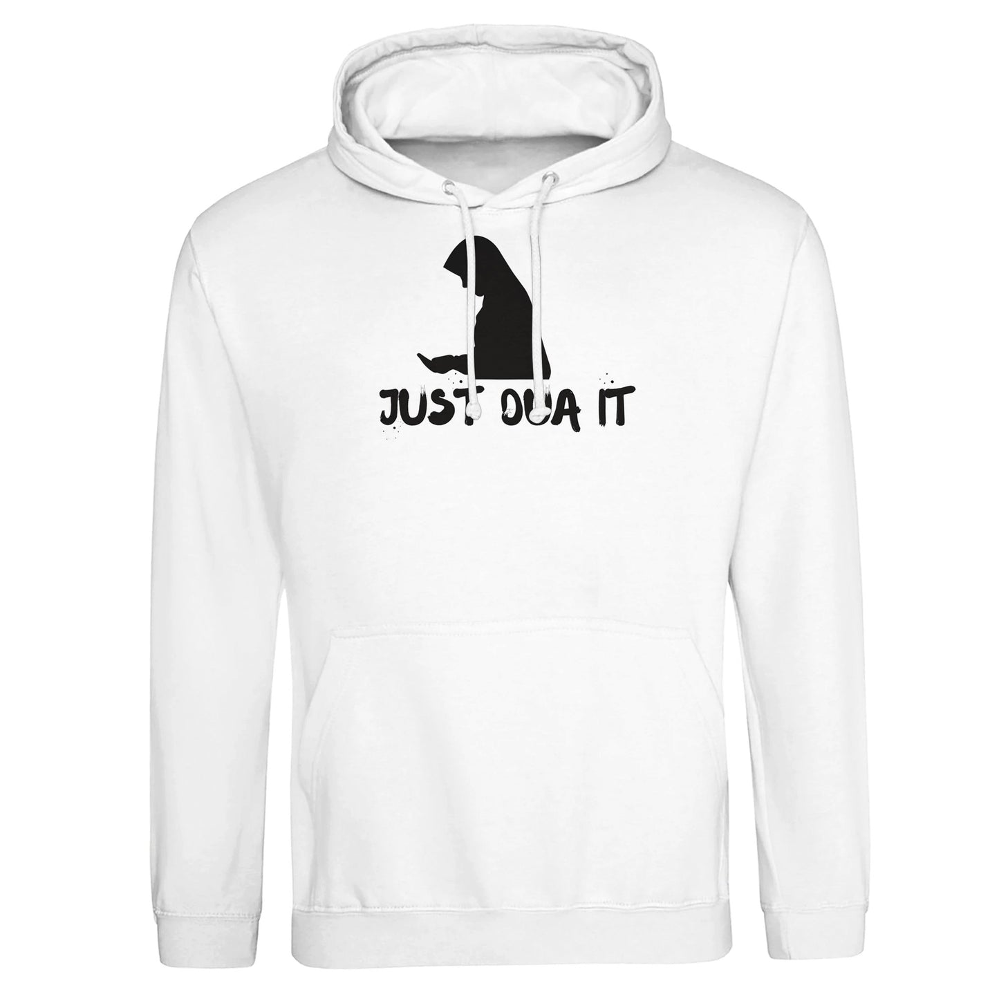 Luxurymania premium unisex white hoodie with a black graphic silhouette and text Just Dla It print