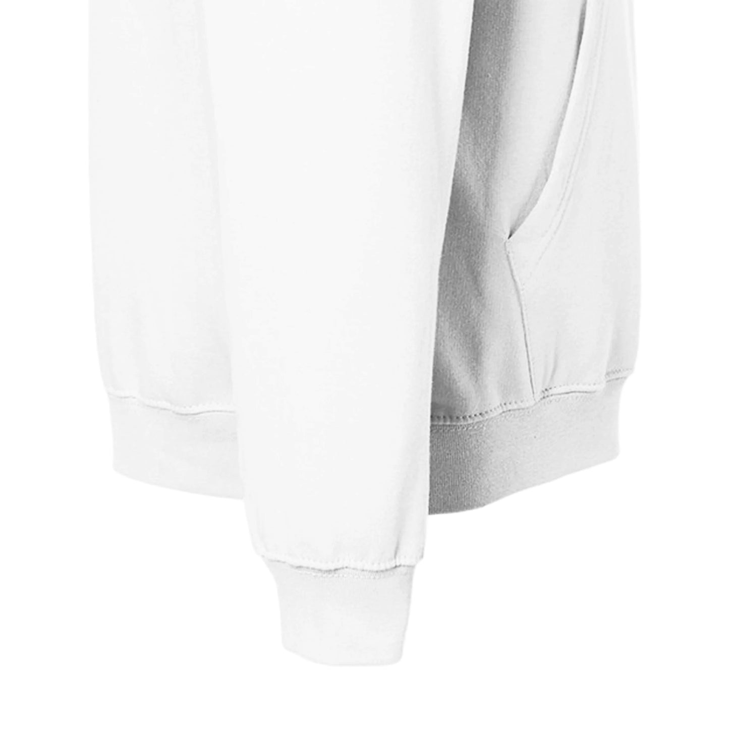 Close-up of sleeve and pocket on premium unisex white hoodie by Luxurymania with soft fabric