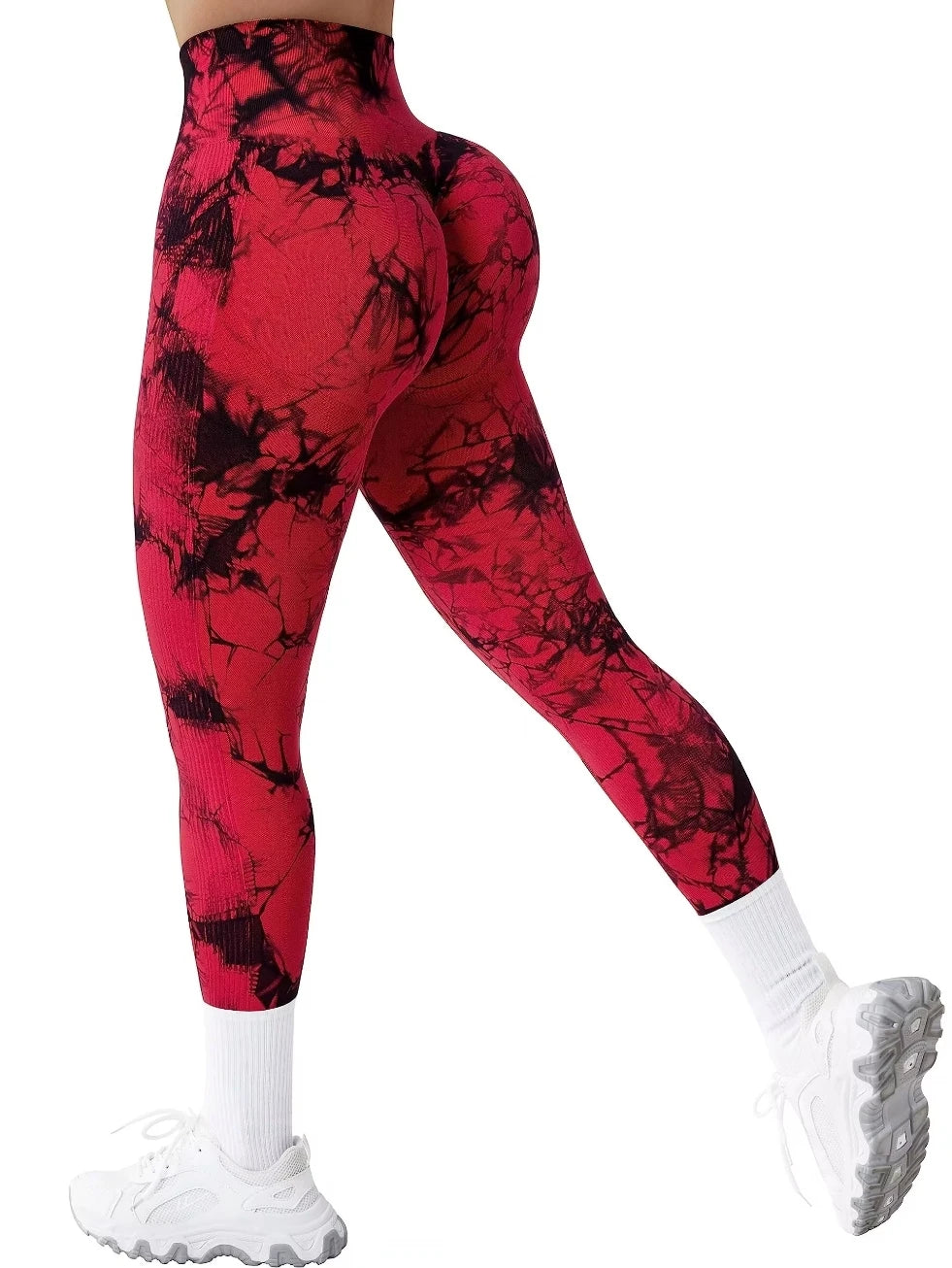 Luxurymania24 seamless high waist gym leggings in red and black tie-dye pattern with white trainers