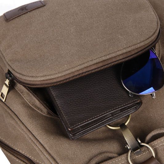 Close-up of a retro girls fashion backpack with a pocket holding sunglasses and a wallet