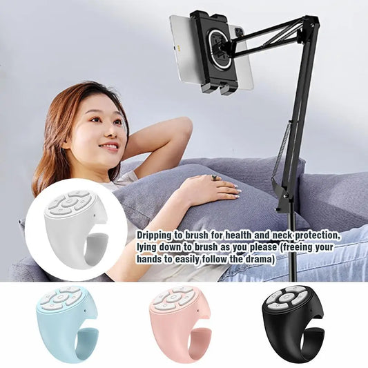 Woman lounging with smartphone on adjustable arm and Bluetooth ring remote control in four colours
