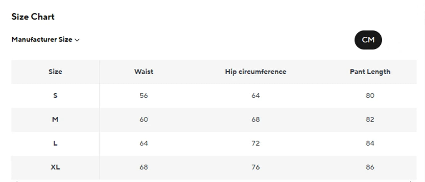 Size chart detailing waist, hip circumference, and pant length for seamless high waist gym leggings