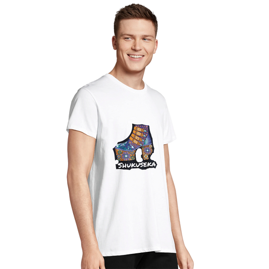 White recycled unisex crewneck T-shirt featuring a colourful graphic print design