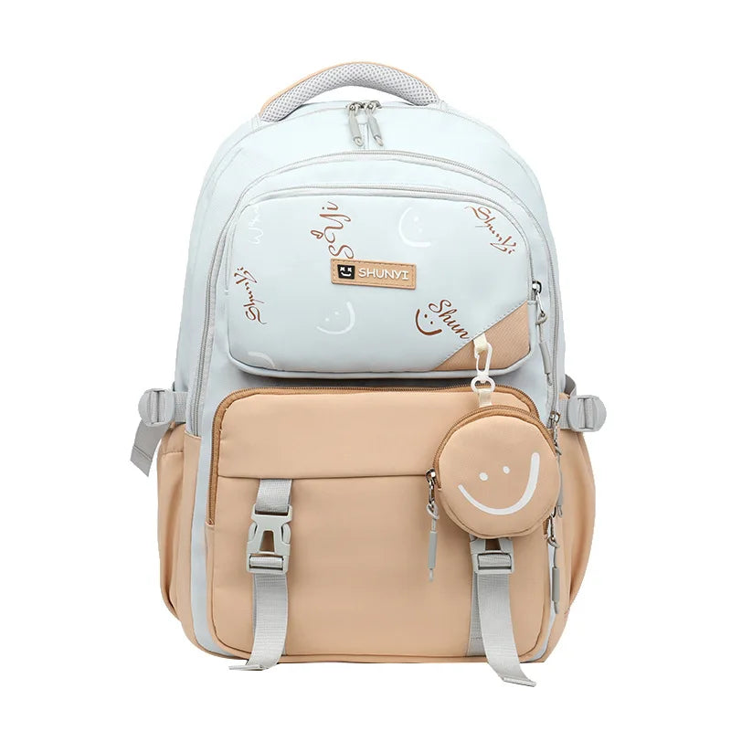 primary school backpack for girls pale blue and beige with multiple pockets padded straps smiley coin pouch