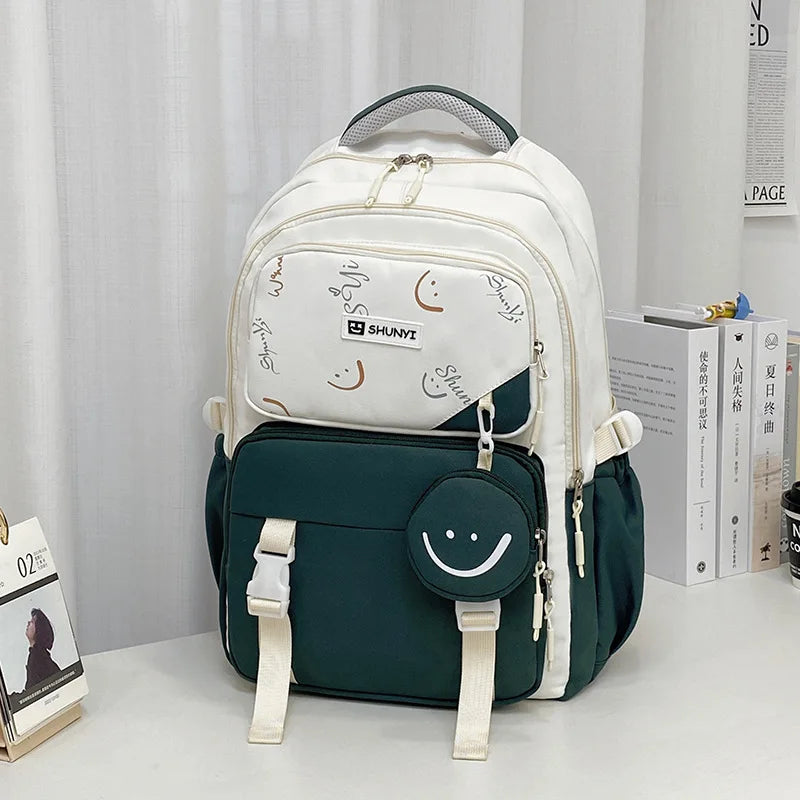 Luxurymania24 cream and dark green primary school backpack for girls with smiley coin pouch and multiple compartments