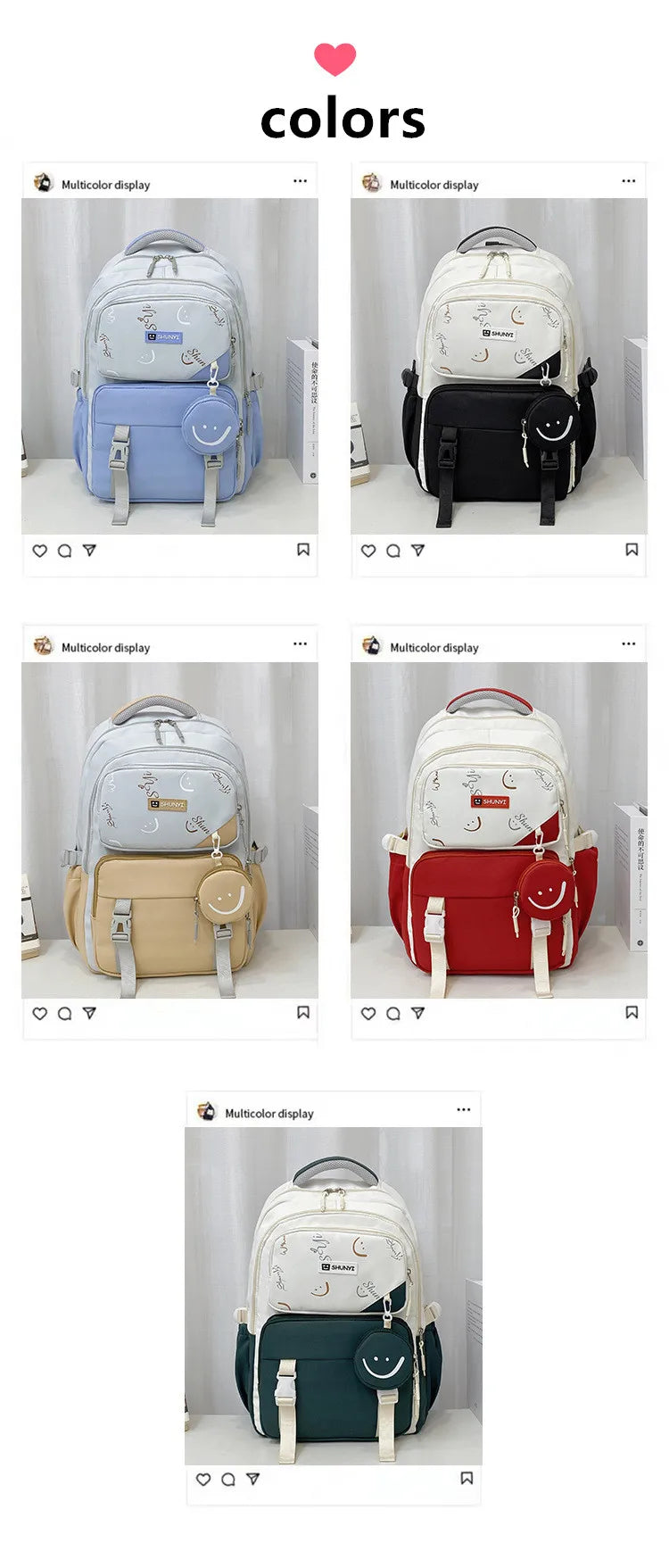 Luxurymania24 in five colours primary school backpack for girls with front pockets adjustable straps and key charm