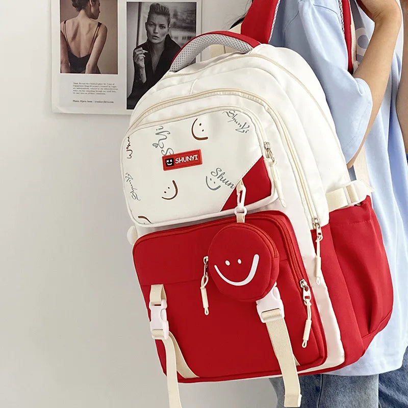 Luxurymania24 red and white primary school backpack for girls with smile pouch and multiple compartments