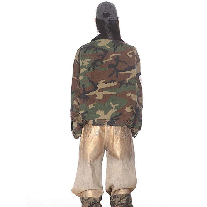 Rear view of model wearing Loose Fit Workwear Jacket For Women camo print oversized fit with workwear styling