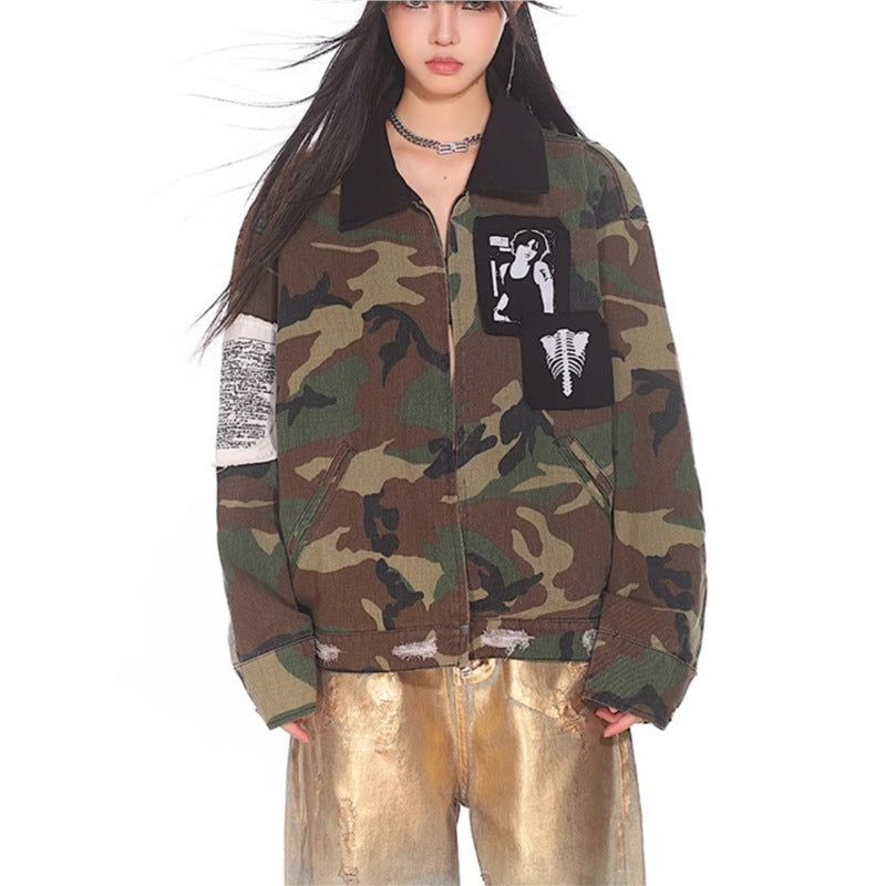 Loose Fit Workwear Jacket For Women camouflage oversized zip jacket with black collar chest patches and distressed hem
