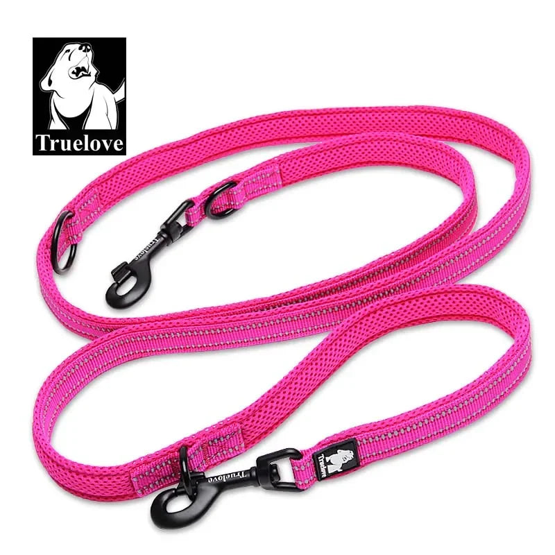 Bright pink adjustable multi-function dog lead made from durable mesh material for comfortable walks