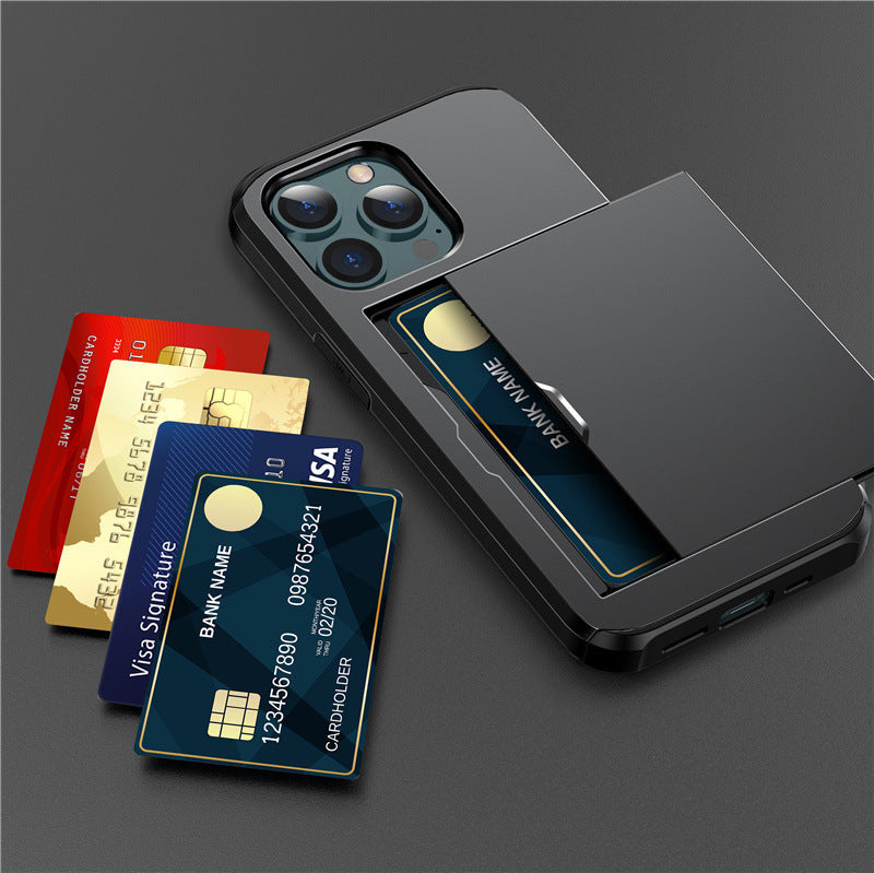 eprolo black slide card insert phone case Apple with sliding card slot holding multiple bank and credit cards